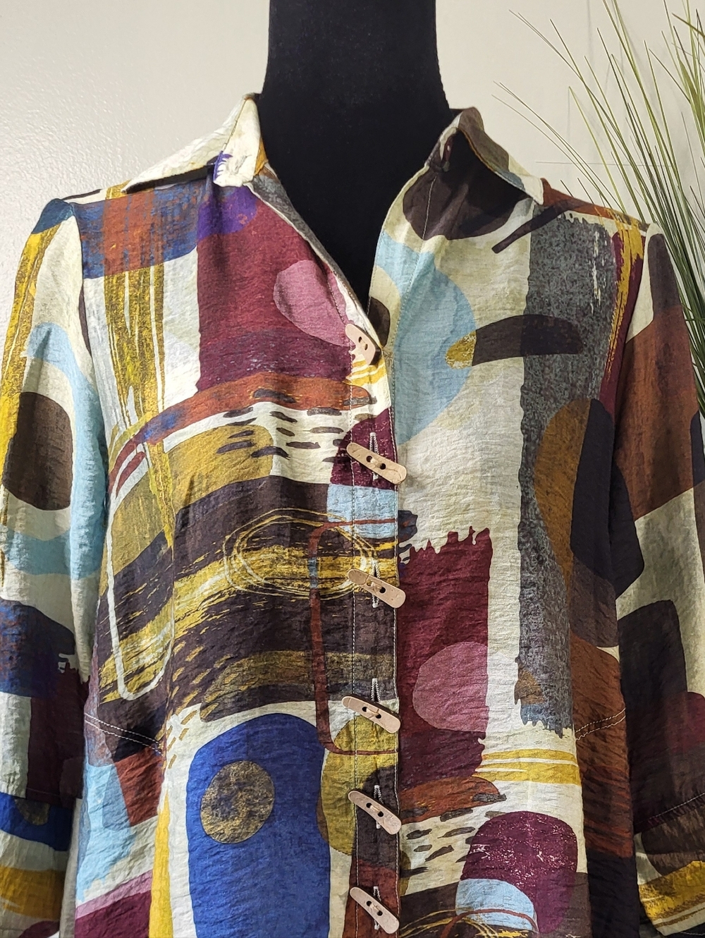 Ali Miles Multi-Color Abstract Print Shirt - Blue, Burgundy, Mustard, Brown